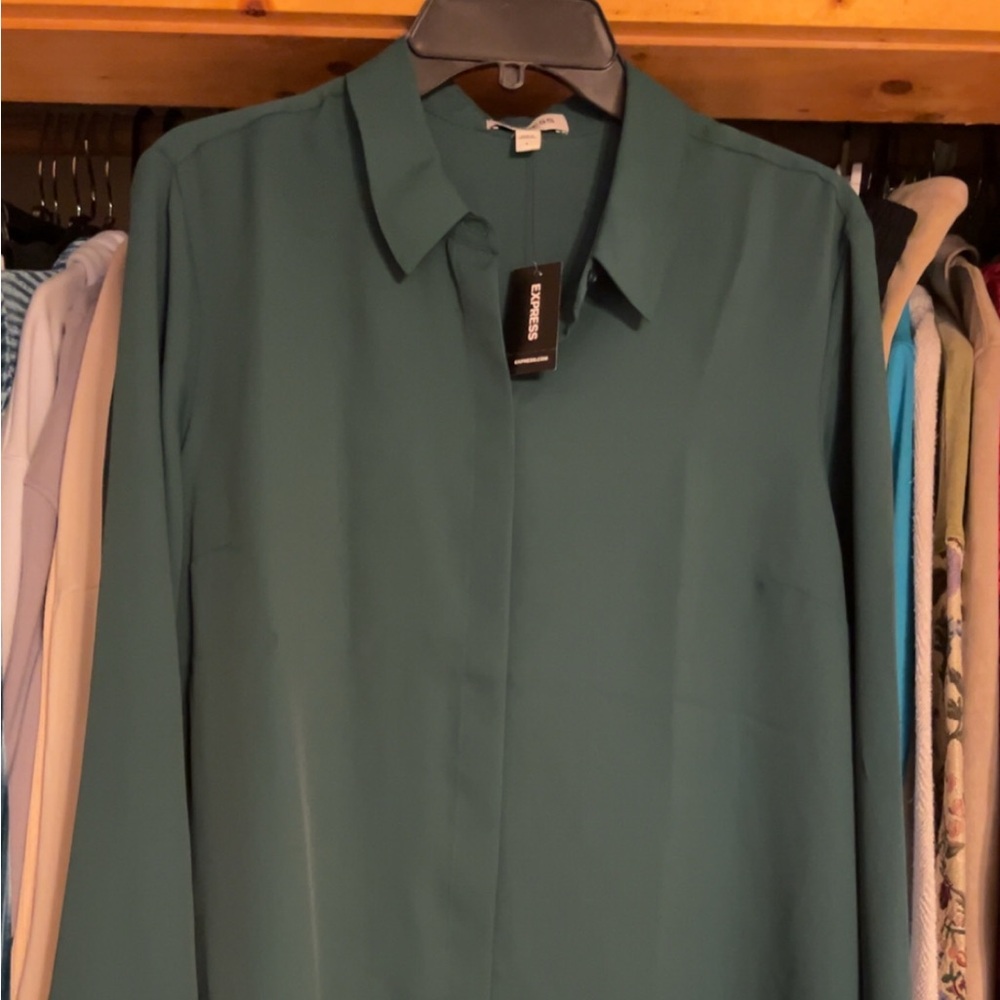 Women’s Express Deep Green Button-Up Blouse - SIZE L (BNWT)